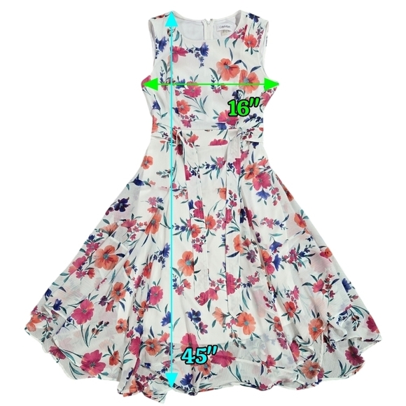 Calvin Klein White Floral Chiffon Belted Midi Dress Romantic Wedding Guest - Picture 2 of 8